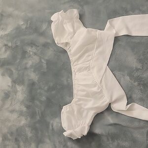 White medium scoop neck crop top blouse, puff sleeves, self tie